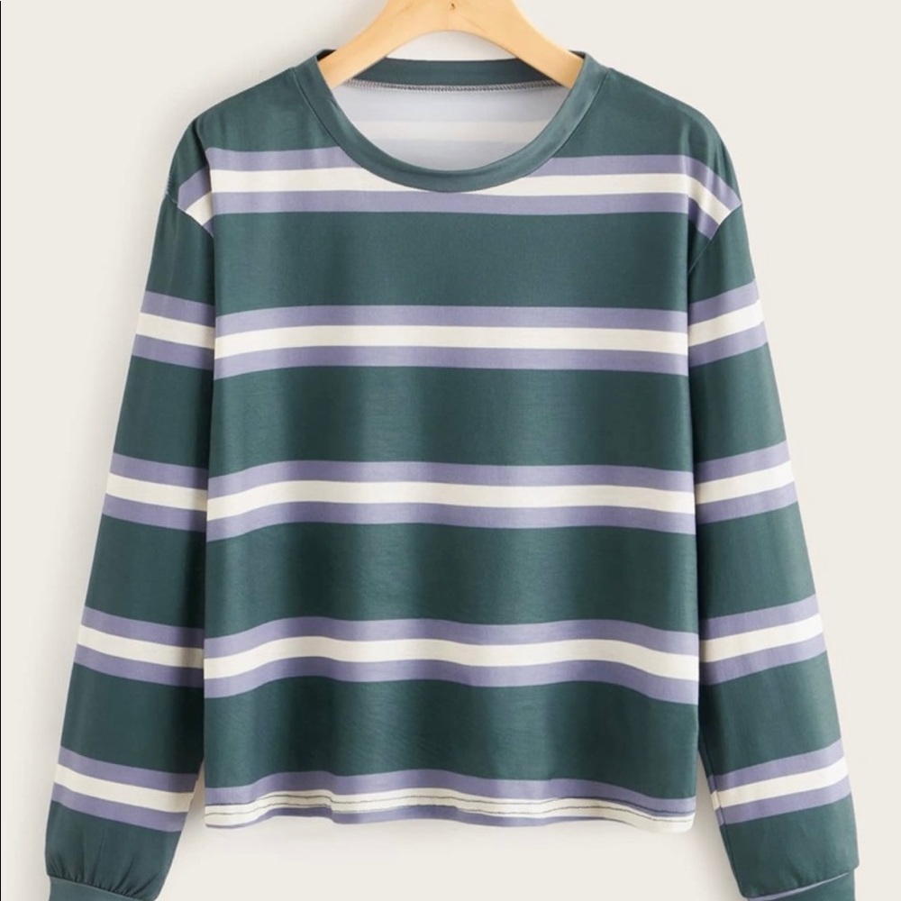 Plus Striped Drop Shoulder Long Sleeve Tee
